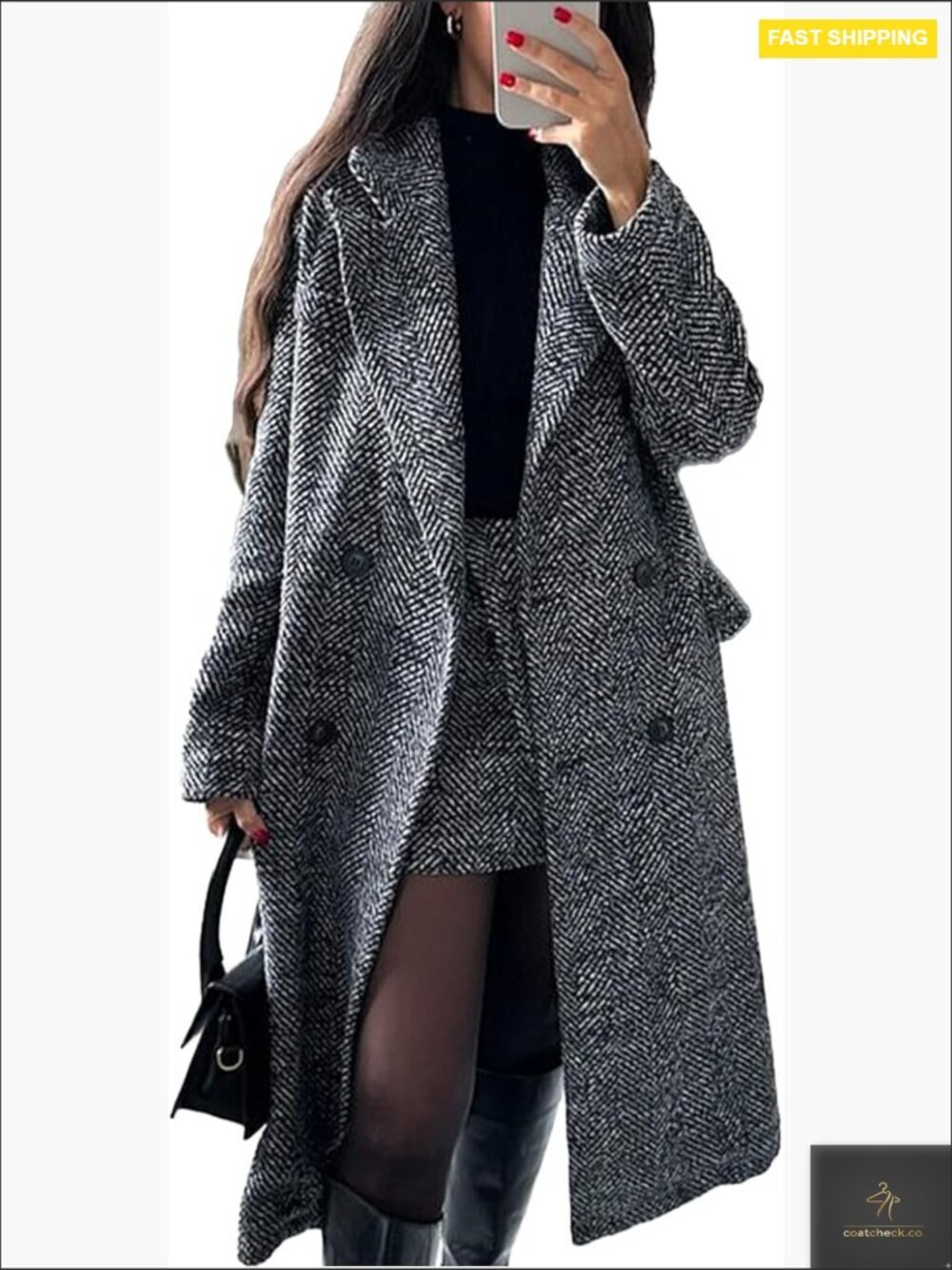 Herringbone Wool Trench Coat Double Breasted Slim Fit Long Pea Coat